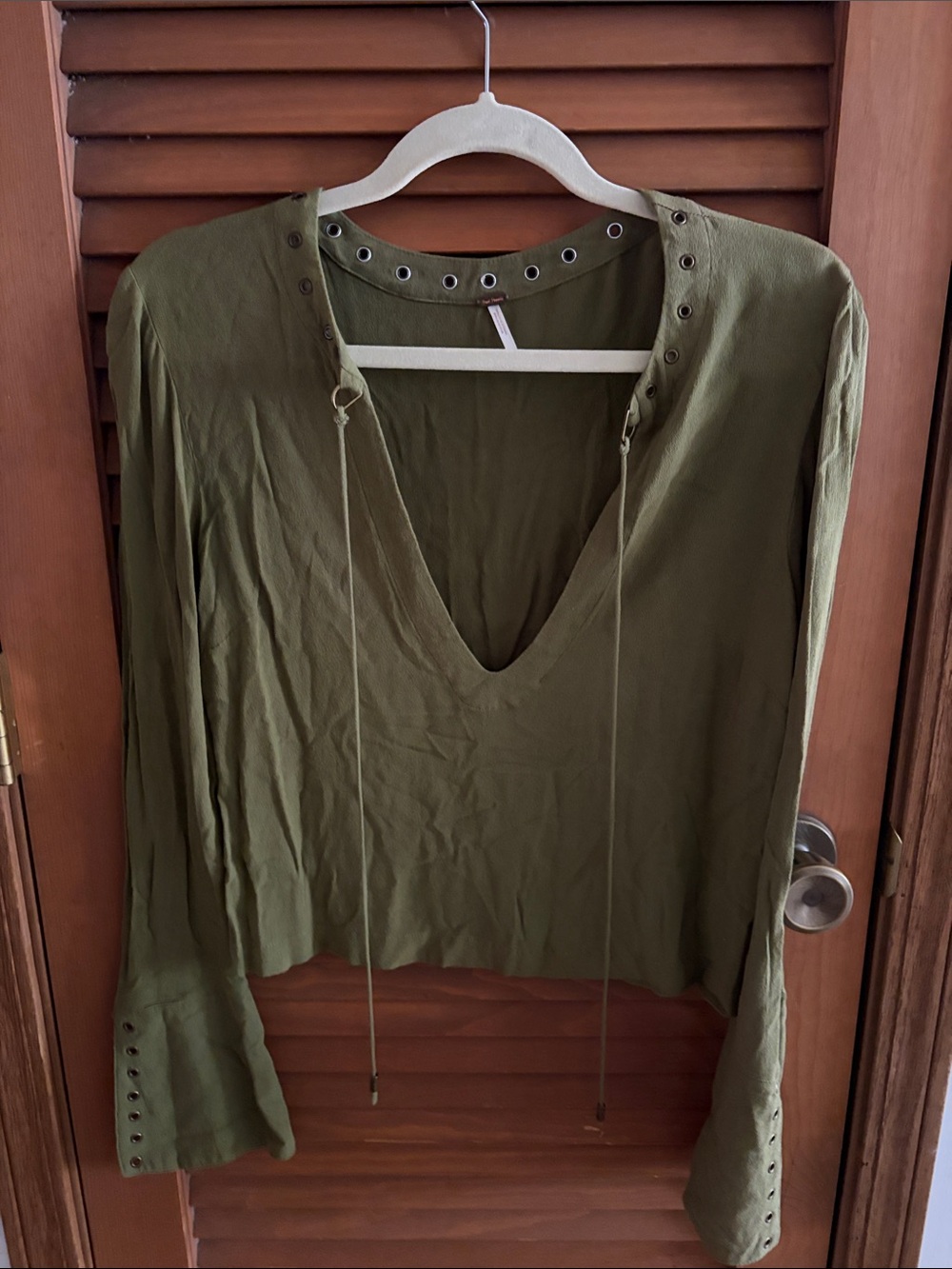 Free People Olive V-Neck Long Sleeve Top with Eyelet Ties